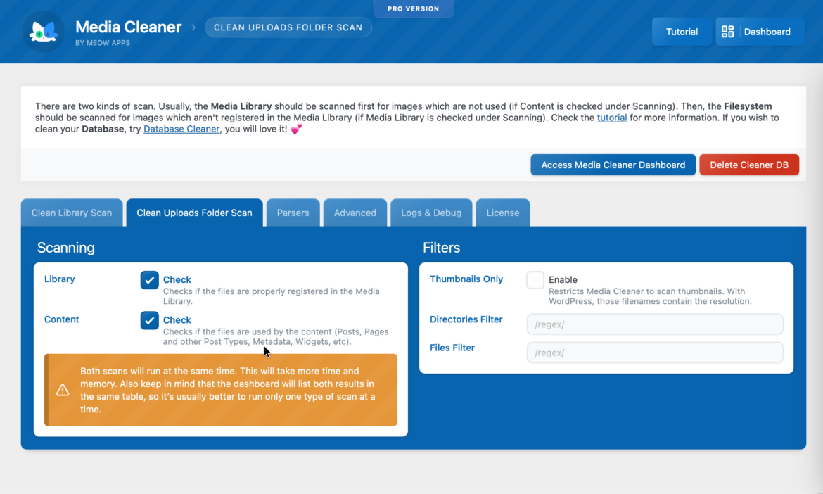 Configurações do Media Cleaner no site. Captura real  créditos : radiotvwebnews