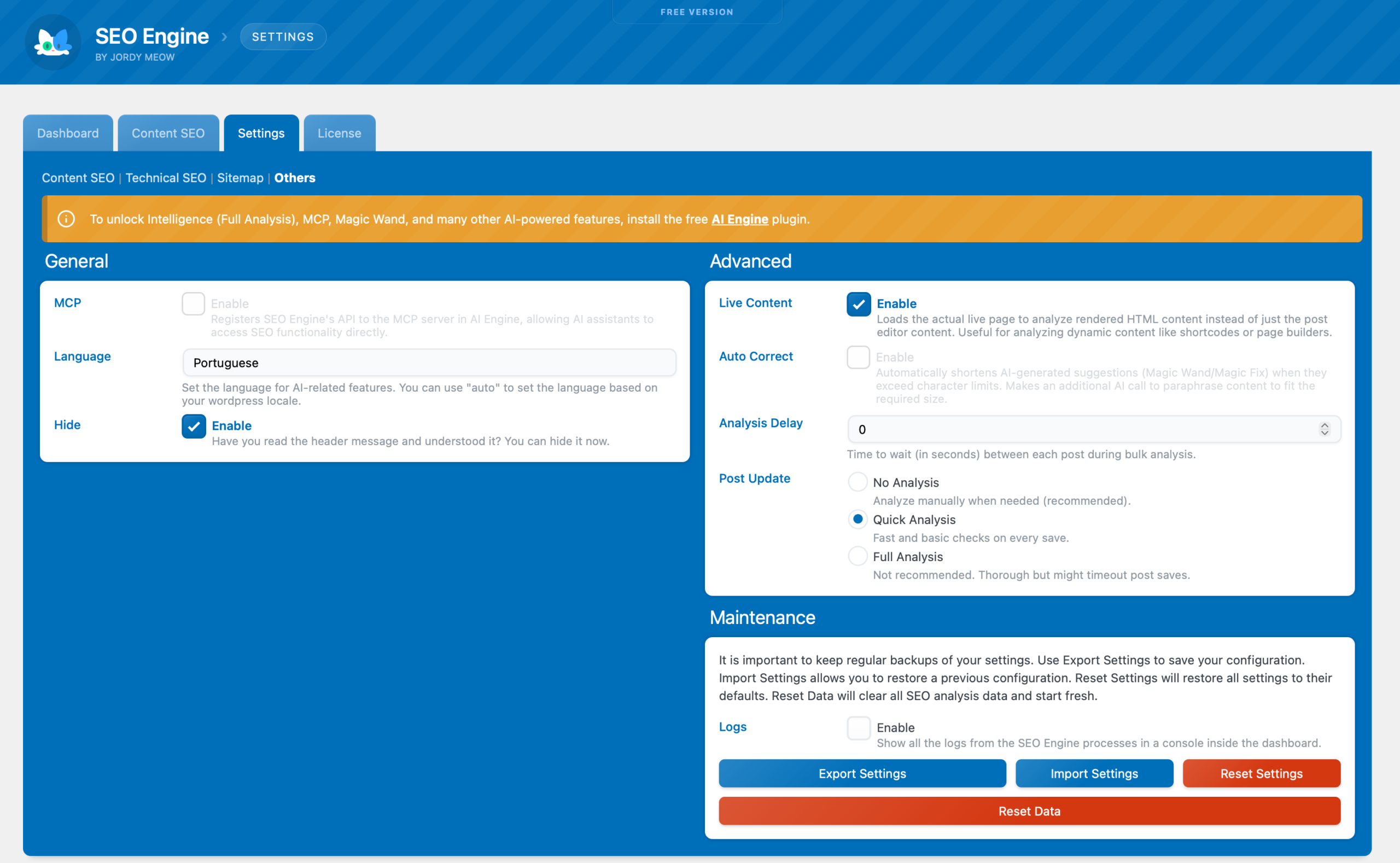 Exporte importe salve ou reset todo o plugin de uma única vez. Tela de análise de conteúdo. Captura créditos : radiotvwebnews Exporte importe salve ou reset todo o plugin de uma única vez. Tela de análise de conteúdo. Captura créditos : radiotvwebnews