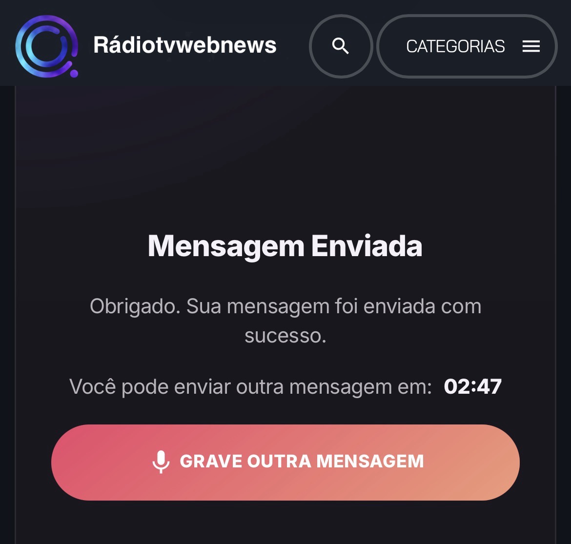 Confirmação de mensagem de áudio enviada com sucesso