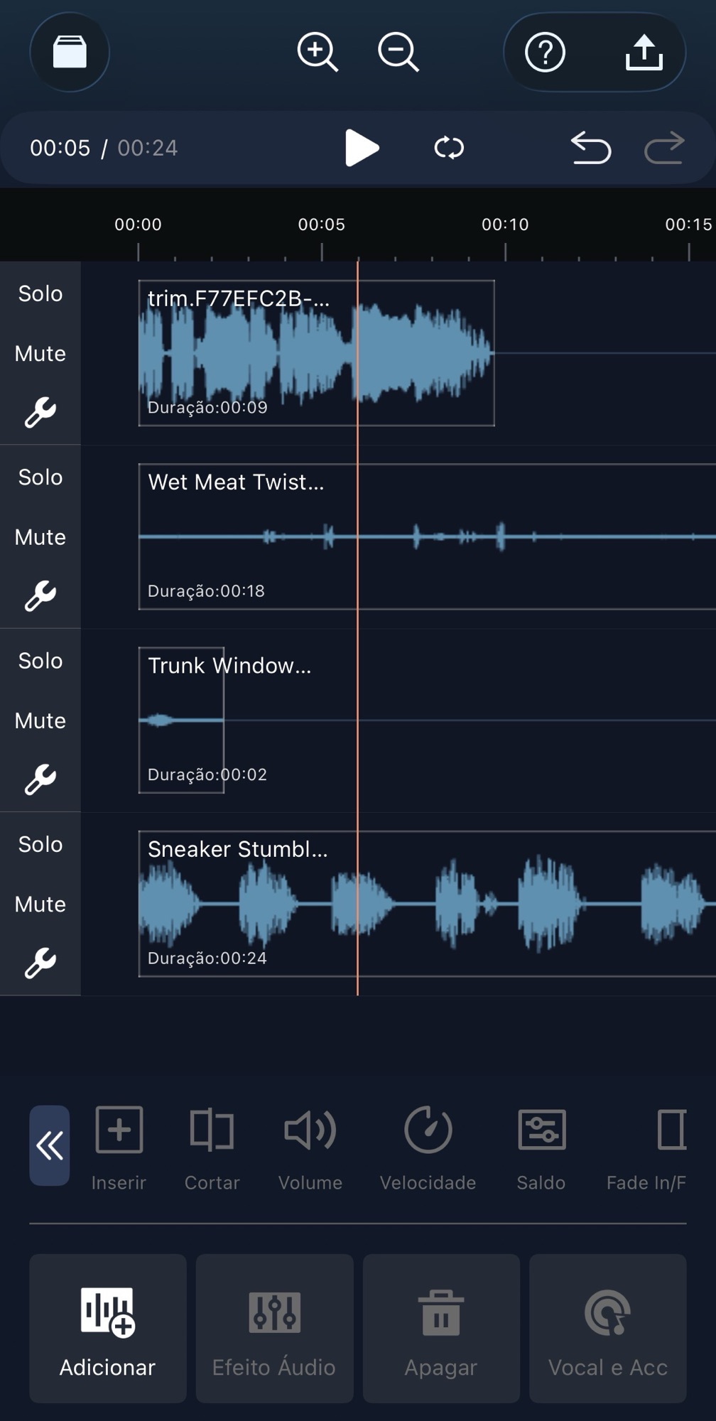 Tela de edição multitrack com opções de edição para cada arquivo de maneira individual.