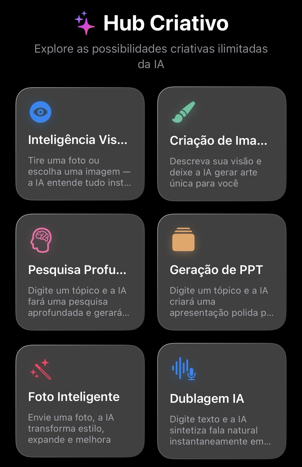 Opções disponíveis no hub para gerar conteúdo. Captura: radiotvwebnews 